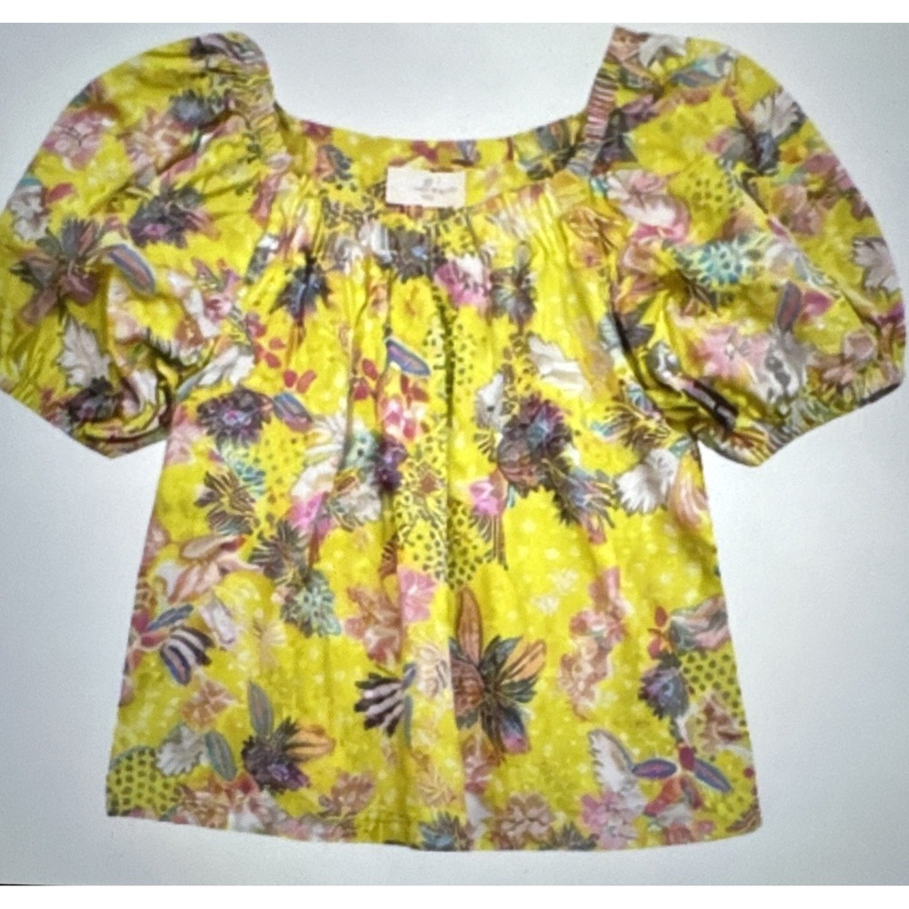 LOFT linen blend Yellow Floral Peasant Colorful Abstract blouse puff sleeves Med